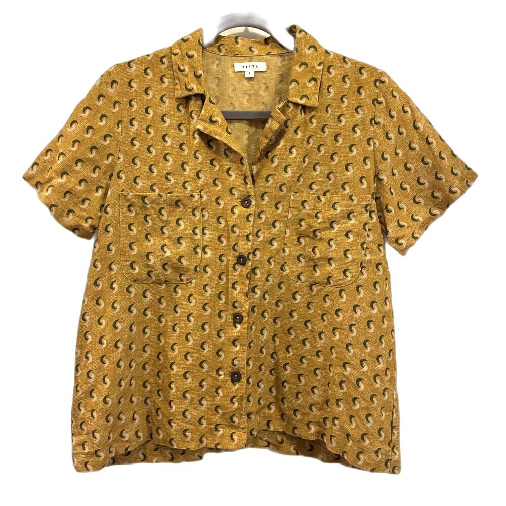 VETTA Yellow Pattern Button Up Short Sleeve Shirt Top Women's Size Small - Picture 2 of 9